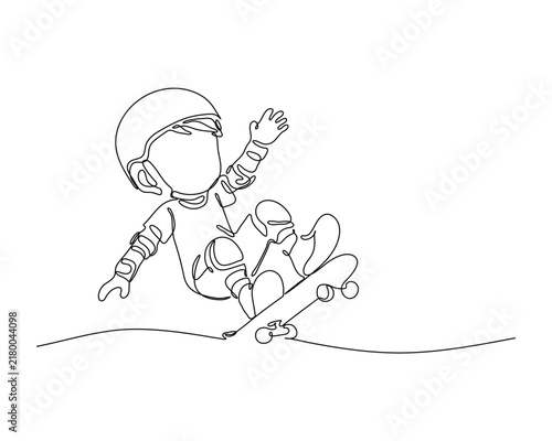 Continuous Line Art of a Young Boy Skateboarding Wearing Safety Gear for Active Play