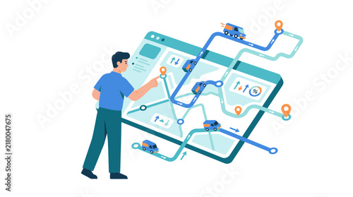 Man planning delivery routes on a digital map with vehicles and pins
