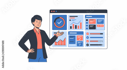 Man presenting dashboard analytics with charts and graphs on screen isolated