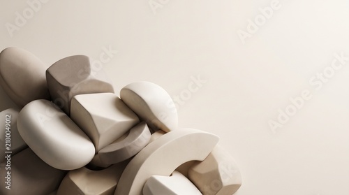 Abstract composition of beige geometric shapes and 3D forms on a neutral background