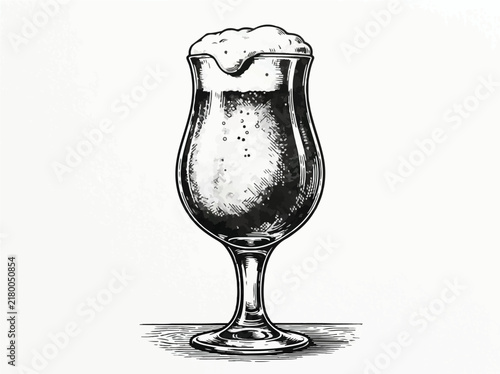 Beer glass with foam vintage sketch illustration for craft brewery menu and bar signage isolated on white background