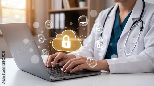 Doctor using secure cloud technology and medical data protection systems