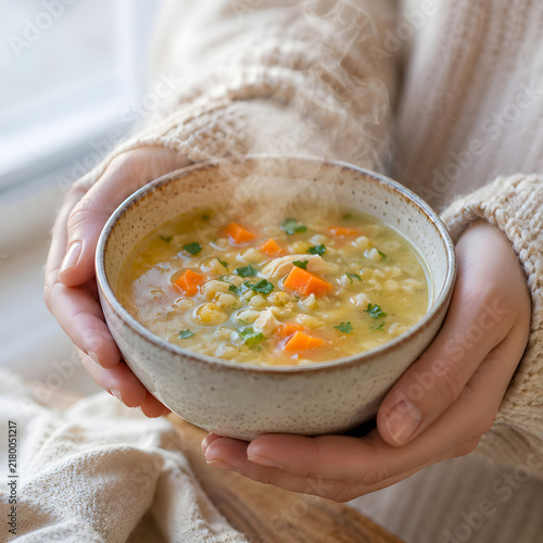 Hands holding a bowl of vegetable soup indoors for Ramadan  