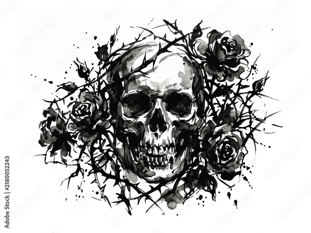 Fototapeta premium Gothic skull with thorns and roses ink illustration for tattoo design and dark art concept isolated on white background