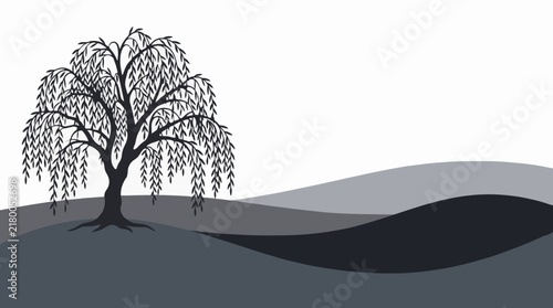 Minimalist grayscale illustration of a weeping willow tree on rolling hills.