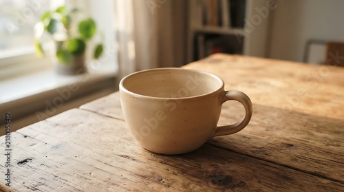 Minimalist Unbranded Empty Mug on Oak Table with Copy Space