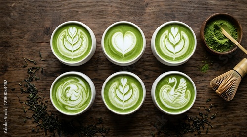 Overhead View Matcha Green Tea Latte Art Collection On Wooden Table