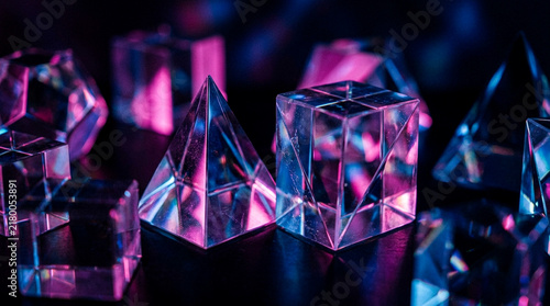 Abstract geometric glass shapes with neon blue and purple light reflections on dark background