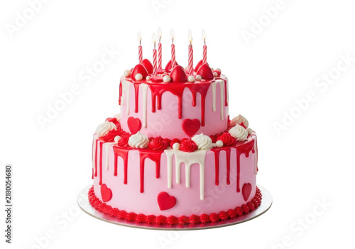 Red layered birthday cake with candles