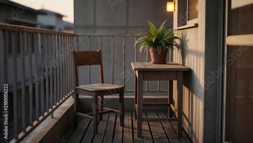 Compact city balcony lounge at evening