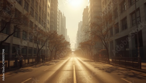 Urban Symphony at Dawn: A majestic city street bathed in the golden hues of sunrise, buildings lining the perspective road, and trees casting long shadows.