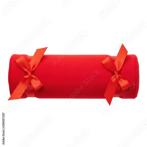 Red gift wrapped cylinder with decorative bow