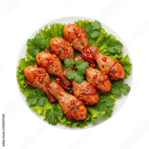 Fresh roasted meatballs on green lettuce leaves