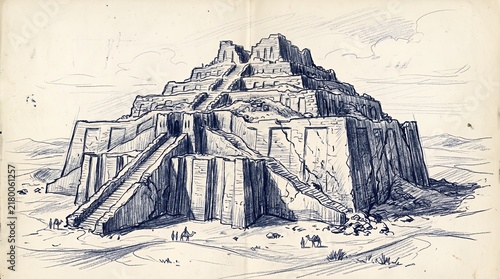 Blue ink sketch of an ancient Mesopotamian ziggurat monument.