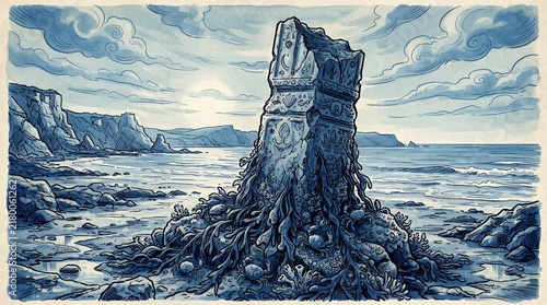 Blue sketch of ancient stone monolith on rocky coastline.