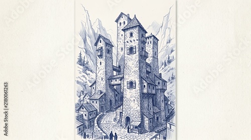 Blue ink sketch of tall medieval stone towers.