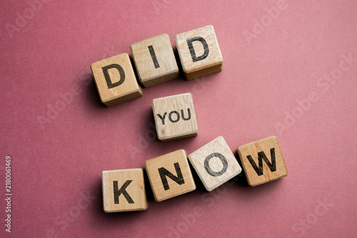 Wooden letter blocks spelling “DID YOU KNOW” on a red background, representing knowledge, education, facts, trivia, and learning concepts with a minimalist composition and copy space.