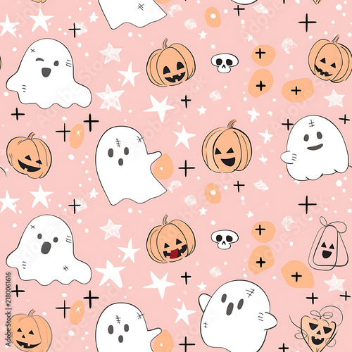 Cute Pastel Pink Kawaii Halloween Ghost and Pumpkin Seamless Pattern for Children Apparel Fabric Print