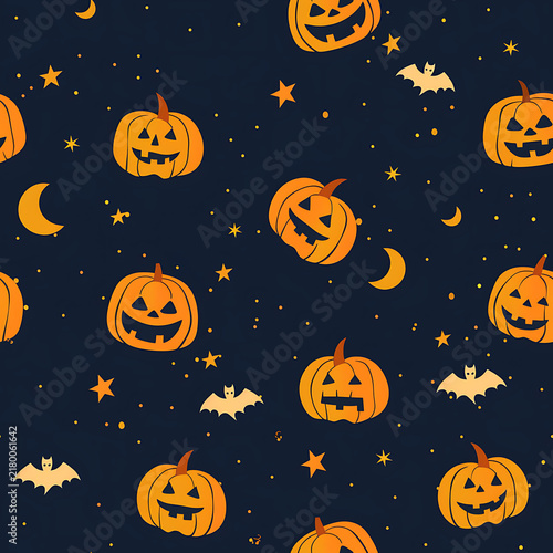 Flat Vector Friendly Halloween Pumpkin and Bat Seamless Pattern on Dark Blue for Autumn Festive Wrapping Paper