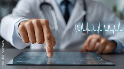 Doctor hand analyzing heart rate data digital tablet with holographic electrocardiogram display showing vital signs monitoring