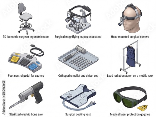 Isometric surgical instruments and medical equipment collection