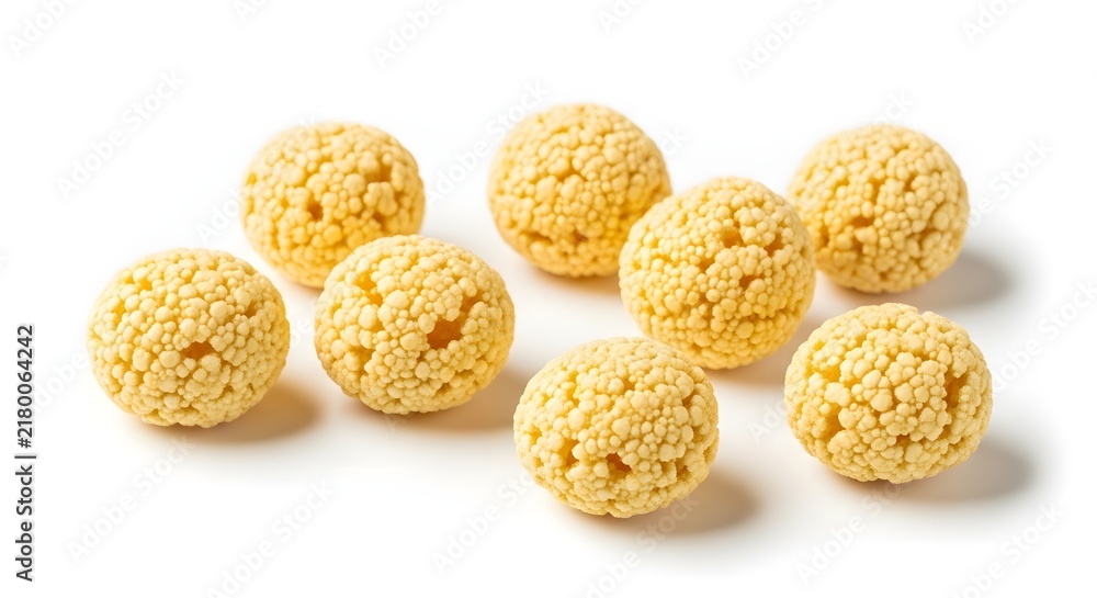 Obraz premium Group of crunchy corn puff cereal balls isolated on a clean white background.