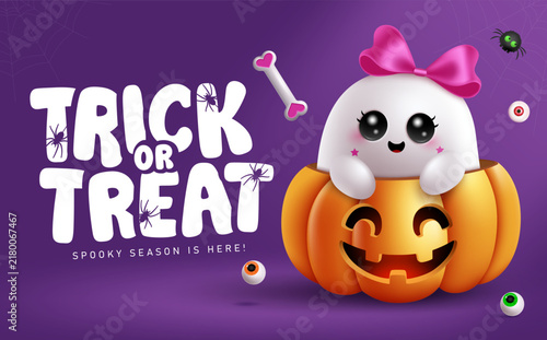 Cute Halloween Trick or Treat Ghost in pumpkin clipart design. Cute ghost character wearing pink bow sitting inside smiling jack o lantern pumpkin in purple background clip art for Halloween party 