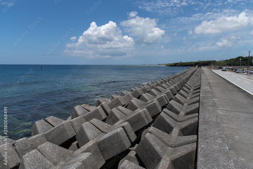 Fototapeta premium 快晴の空と消波ブロックのある水平線のはっきりした防波堤の海岸