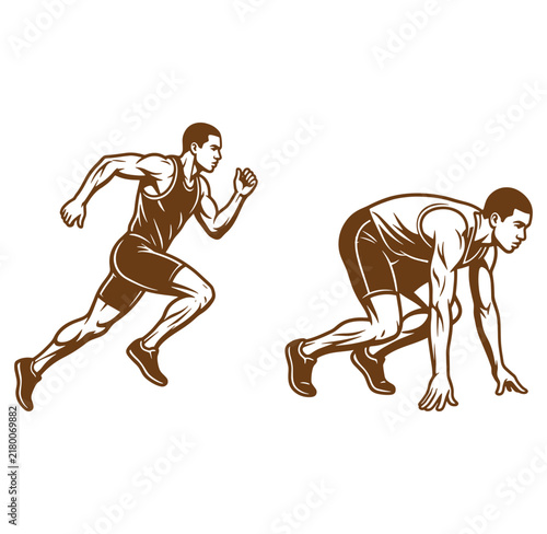 Two brown illustrations of male sprinter in motion and at starting line