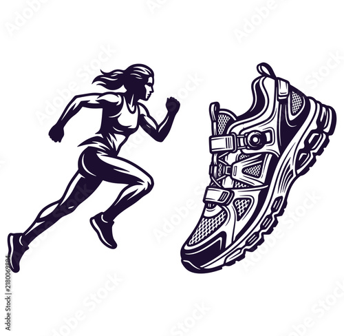 Woman running fast in athletic wear with a sneaker shoe