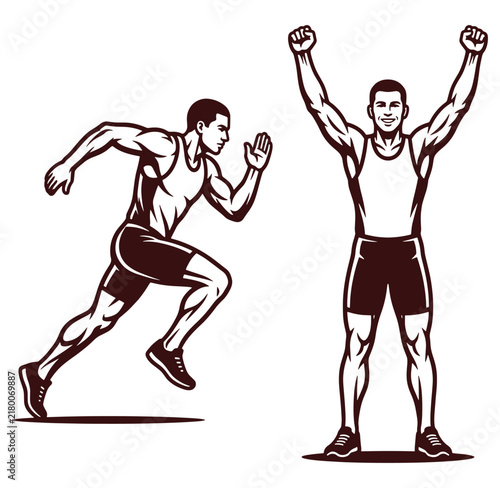 Two muscular men running and celebrating in athletic clothing and shoes