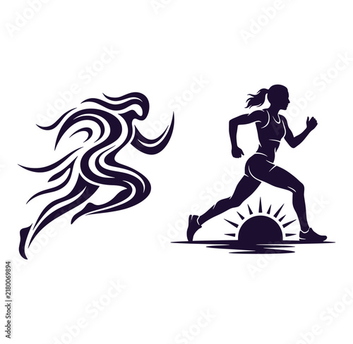 Woman running in front of sun with flowing hair silhouette vector graphic