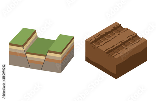 Bild auf Leinwand Geological Formation Diagrams Showing Graben Faulting and Soil Erosion Layers in