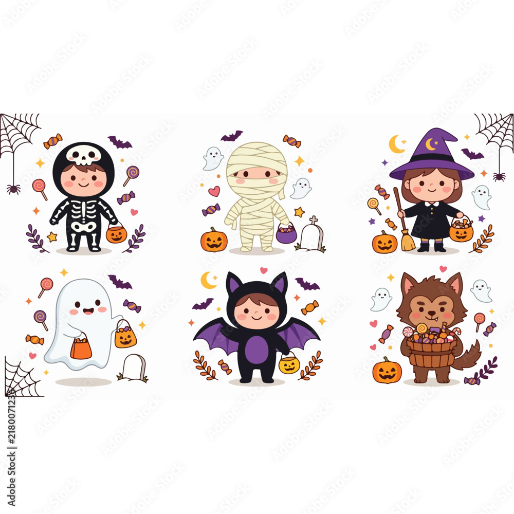 Obraz premium Cute Halloween Children Characters Set in Costumes with Pumpkin Candy Buckets and Spooky Decorations