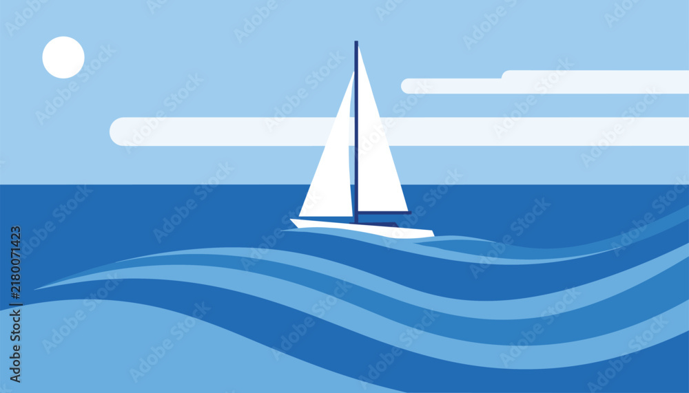 Naklejka premium Beautiful white sailboat glides smoothly on deep blue ocean waves under a bright sun and clean clouds.