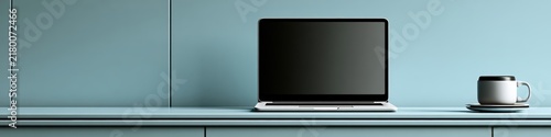 3D claymation style illustration of a modern office desk with laptop and coffee cup with pastel blue background and massive negative space.