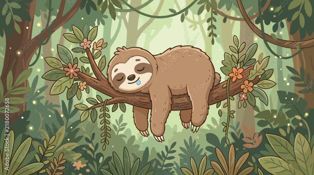 Fototapeta premium Cute cartoon sloth sleeping peacefully on a tree branch in a lush green jungle