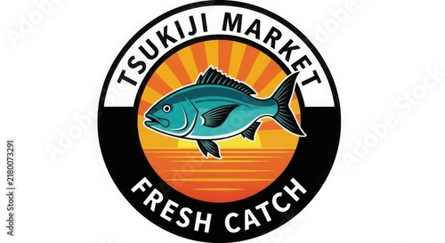 Tsukiji market logo with fish and sunset illustration