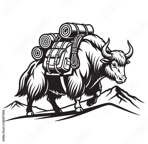 Yak with backpack and rolled sleeping bags on mountain peak landscape