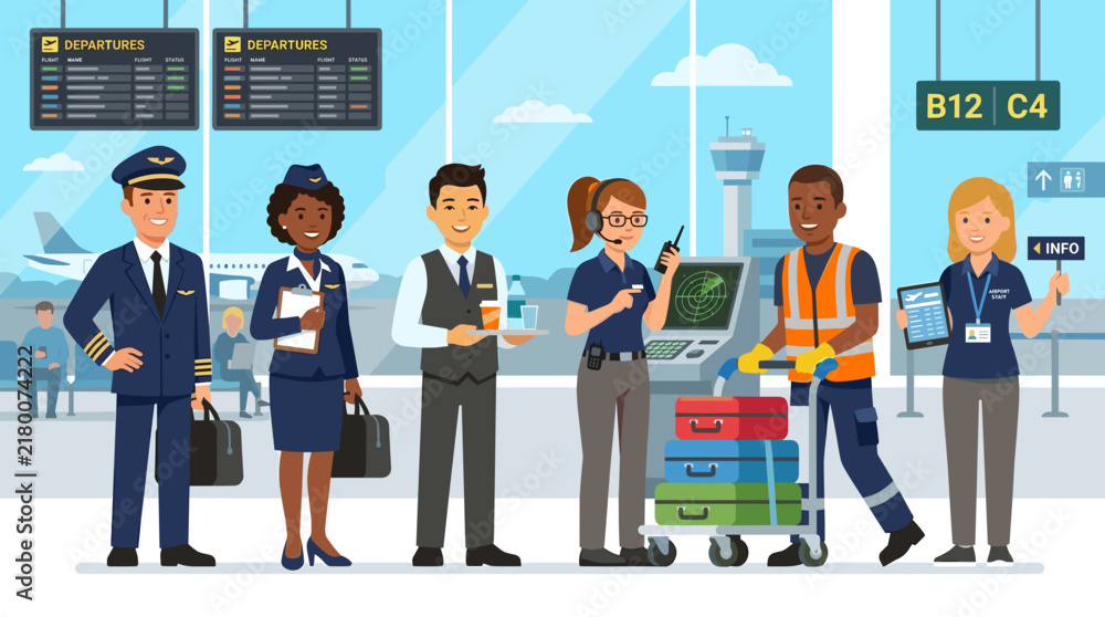 Obraz premium Diverse airport staff working together in a modern terminal with planes outside