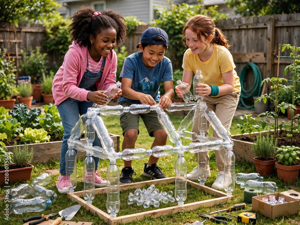 Obraz premium Three diverse young children of Asian, African, and Caucasian descent collaborating to build a miniature greenhouse structure using recycled plastic bottles in a lush backyard garden