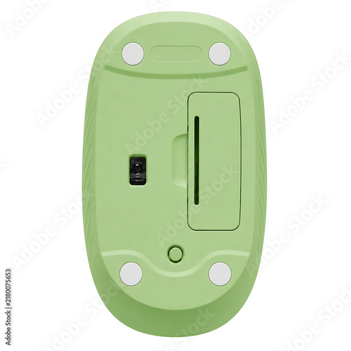 Bottom view of a modern green wireless computer mouse