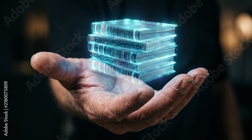 Futuristic digital library concept with glowing holographic stack of books hovering over a human hand for online education technology