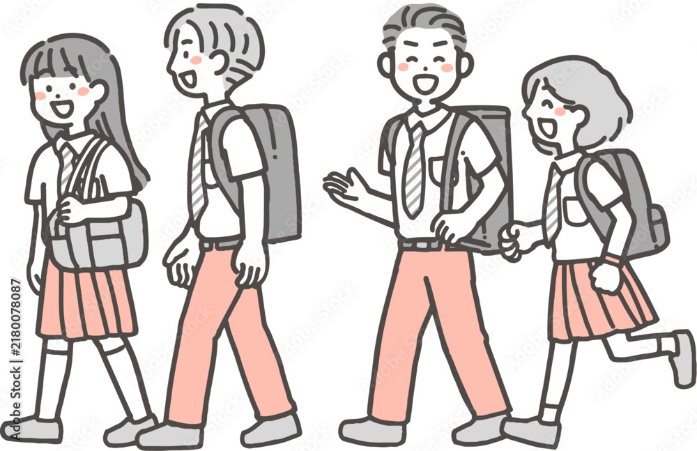 Obraz premium おしゃべりして歩く、2色の夏制服の学生4人（中学生・高校生）