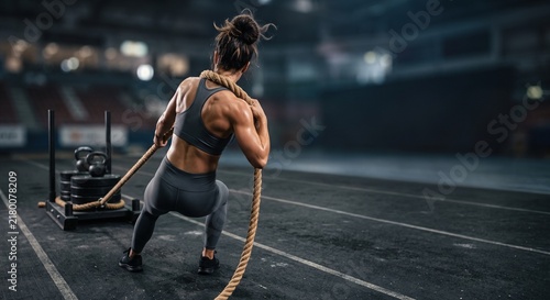 Obraz na płótnie Female Athlete Pulling Sled with Rope Back View Copy Space