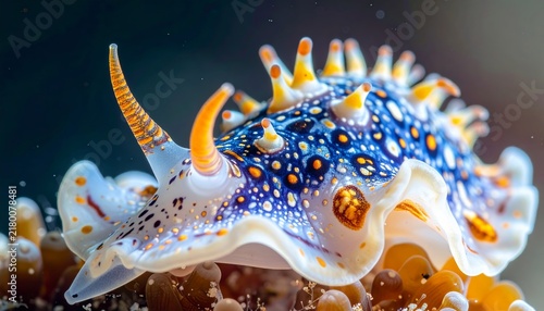 Macro Blue Nudibranch Sea Slug with Orange Spikes on Coral Reef
