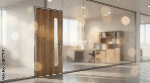 Hyper realistic contemporary business office with glass walls and wooden door modern workspace design