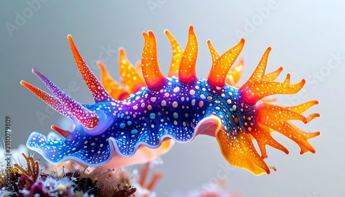 Vibrant blue and orange nudibranch sea slug glowing underwater