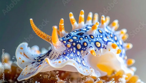 Macro shot of a colorful blue and orange nudibranch sea slug underwater