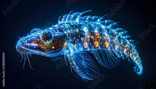 Luminous Bioluminescent Fish | Deep Sea Creature | Glowing Blue and Gold